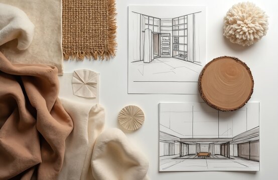 Flat lay composition of design elements. Material swatches fabric textures sketches of interiors and wood slice. Planning new home interior design project with creative samples.