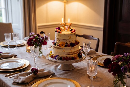 Elegant 37th Birthday Cake on a Festive Table with Golden Candles