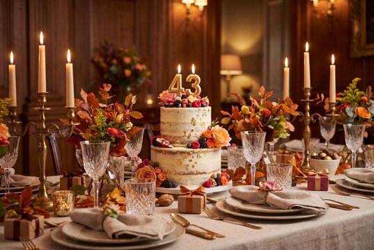 Elegant 43rd Birthday Celebration Table with Two-Tier Cake and Decor