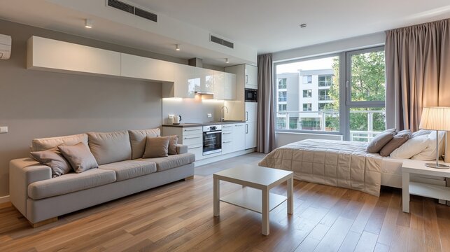 Modern studio apartment interior with cozy sofa, bed, and kitchen in open plan layout, large window with city view and warm natural light.
