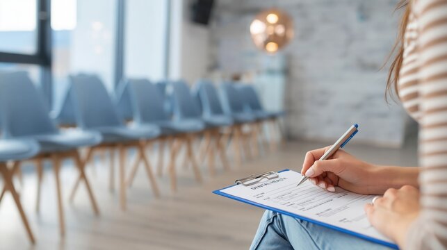 Woman filling out registration form on clipboard in empty waiting room with blue chairs and copy space for healthcare or business services concept.