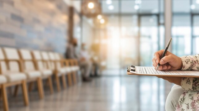 Close up of patient filling medical form on clipboard in bright hospital waiting room with chairs and blurred people in background, healthcare concept.