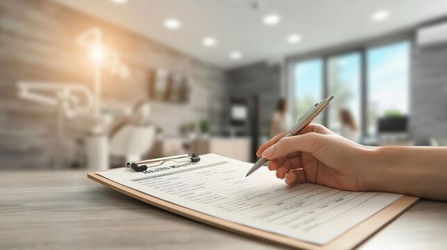 Close up of patient hand filling medical form on clipboard in modern clinic reception with blurred background and copy space for healthcare advertising.