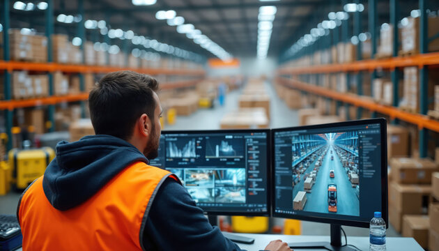 Man in safety vest tracks stock movements on computer screens. Warehouse operations display orders and inventory on monitors. Logistics manager uses tech for supply chain control.