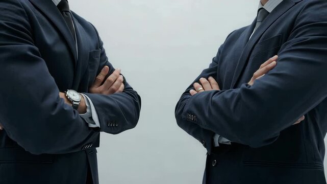 白背景で腕を組む日本人の同僚が意見の食い違いをにらむ