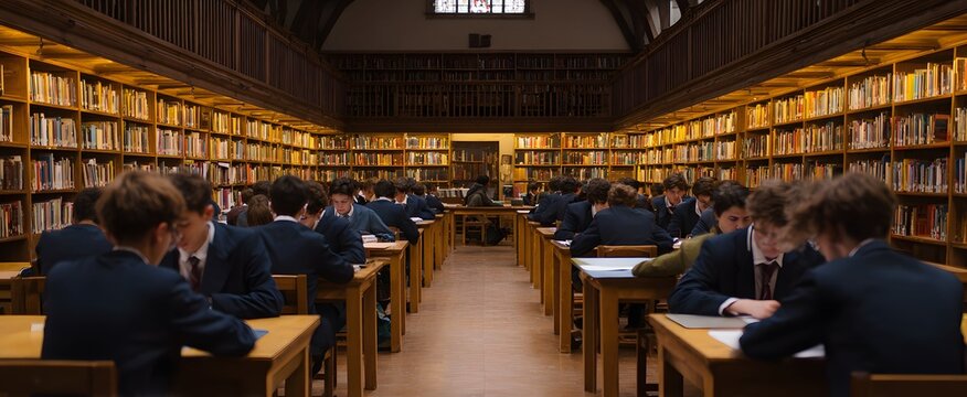The school library hums with focused students immersed in calm research.