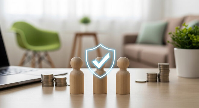 3D wooden figures with security shield icon on modern home office desk