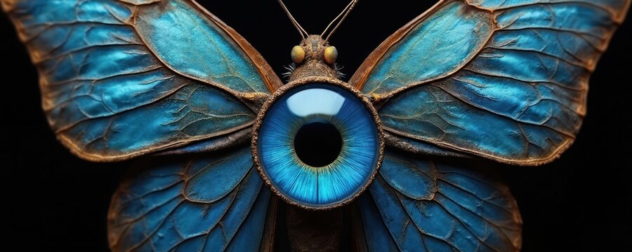 Close up surreal macro view of a fantasy creature, a realistic human eye is center of detailed blue butterfly wings, dark background. Concept of vision and metamorphosis.