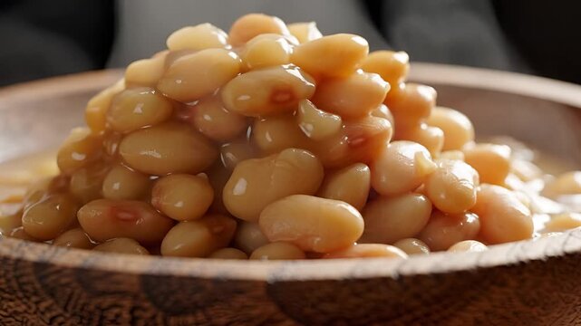 Closeup of a wooden bowl filled with cooked white beans.