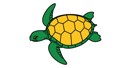 A stylized green sea turtle with a yellow shell swims © Marchell