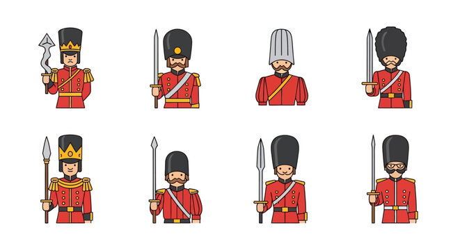 Set of Cartoon British Royal Palace Guards in Red Uniforms Holding Swords and Spears, Vector Illustration Pack of Soldier Characters