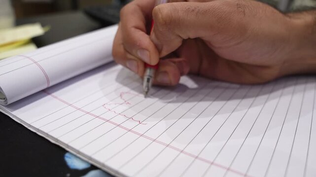 Close-up of a hand writing the word My in a lined notebook with a red pen on a desk under soft indoor lighting, showing note taking and handwriting detail.