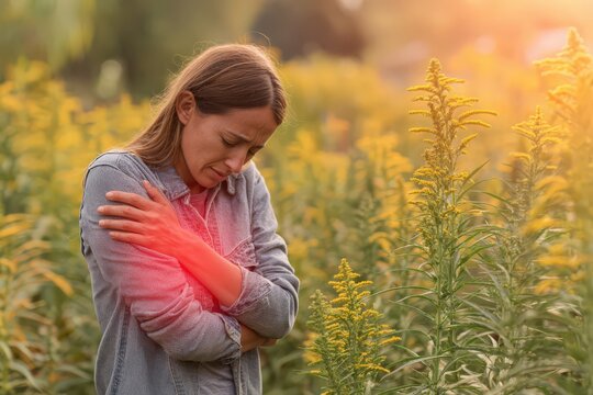 Woman scratches her arms near ragweed plants while experiencing an allergic reaction on a sunny day in a field