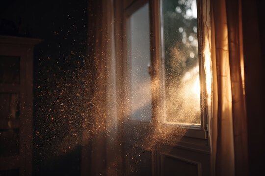 Dust particles float through a window as sunlight streams into the room during early morning hours