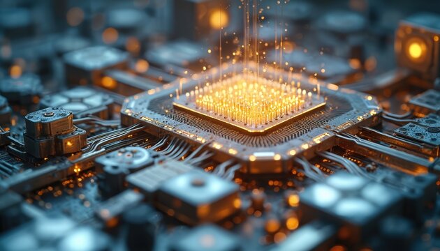 Detailed view of glowing central processor chip on advanced circuit board. Digital information flows from golden microchip. Futuristic tech hardware with intricate connections and glowing lights.