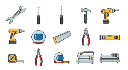 Fototapeta premium Construction and DIY Home Repair Tools Icon Set - Professional Vector Illustration of Wrench, Hammer, Drills, Pliers, and Industrial Equipment for Workshop Projects