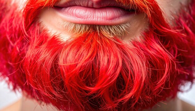 Close-up of a man's vibrant crimson dyed beard and lips