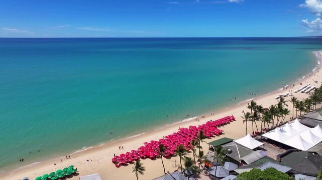 Taperapua Beach At Porto Seguro In Bahia Brazil. Tropical Skyline. Beach Landscape. Native Coconut Trees. Taperapua Beach In Porto Seguro In Brazil. Nature Seascape. Brazil Northeastern.