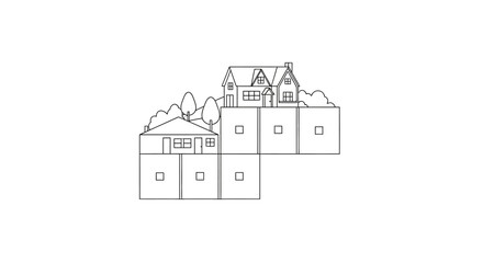 Fototapeta premium Minimalist Line Art Illustration of Houses on Modular Blocks - Real Estate Growth and Construction Concept