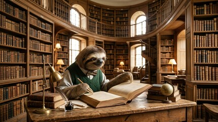 Fototapeta premium Studious sloth in glasses and green vest writing with a quill in an open book at a wooden desk in a grand library.