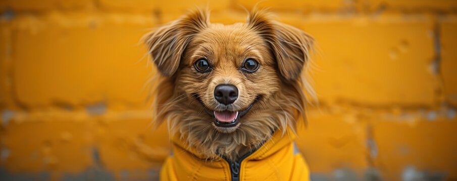 A happy dog wearing a yellow jacket stands in front of a brick wall