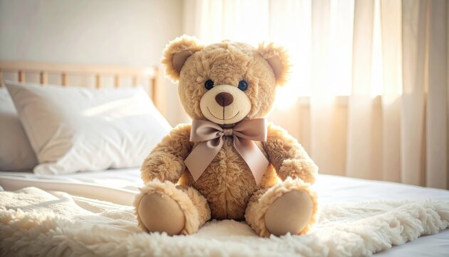 A fluffy, brown teddy bear with a bow sits on a bed, offering comfort and companionship.