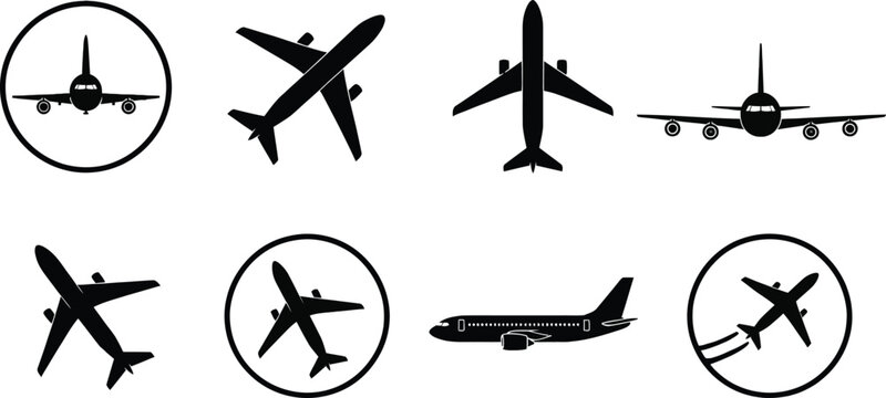 Airplane silhouettes collection, set of 8 aircraft vector icons, commercial jet and military plane shapes, aviation transport symbols for travel design 
