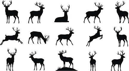 Black deer silhouette set with 15 forest animal icons, wild stag and reindeer buck vector collection, hunting and nature design elements  © Fariha