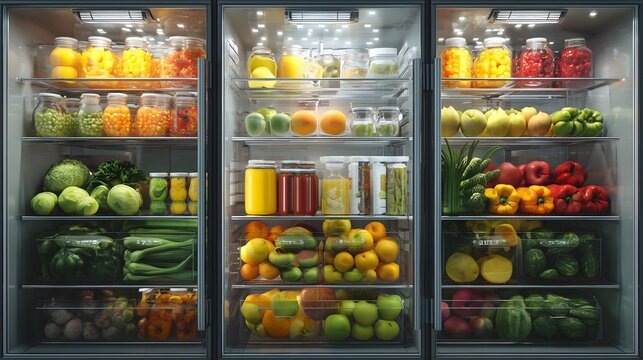A fridge full of colorful fruits and vegetables &ndash; healthy eating and fresh food storage concept