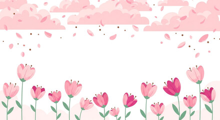 Obraz premium Soft pink tulips blooming on watercolor spring background with falling petals