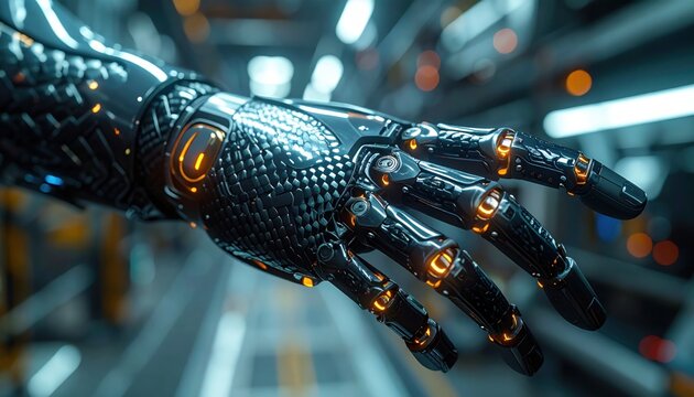 Advanced Robotic Prosthetic Hand Component With Futuristic Design And Glowing Orange Accents