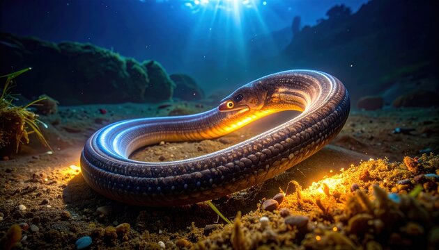 An electric eel emitting a faint glow underwater, coiled elegantly on the seabed amidst dappled light