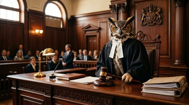 Wise owl judge in traditional black judicial robe and white jabot holding a gavel at an ornate wooden bench in a formal courtroom symbolizing justice and wisdom.