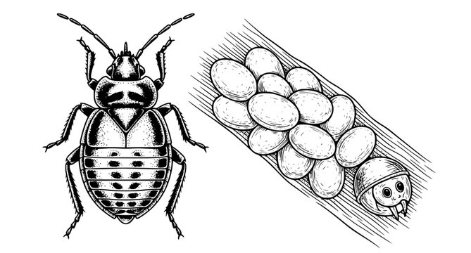 Bed Bug and Eggs Black and White Vector Illustration