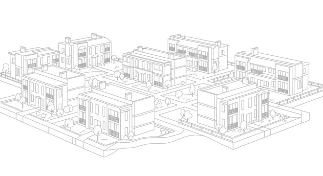 Isometric Line Art of Modern Suburban Housing Development with Apartment Buildings and Landscaping