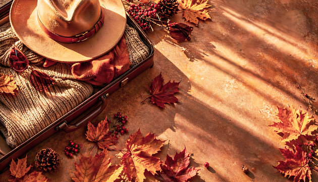 Warm autumn travel flat lay with suitcase, hats, knitwear and fall leaves copy space