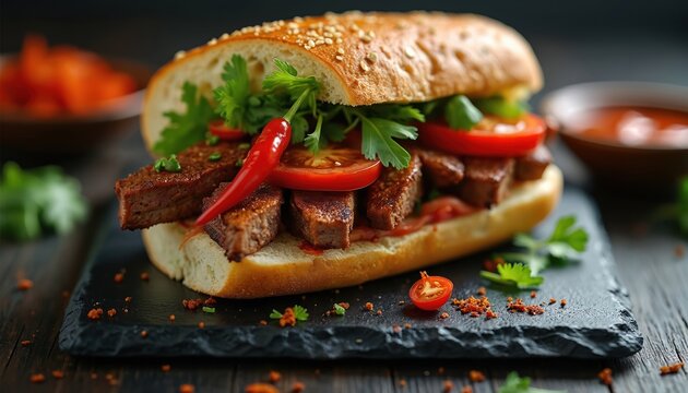 Vietnamese banh mi sandwich on with meat, tomatoes, chili, herbs. Savory street food meal on dark slate board, rustic wood background. Closeup shot.