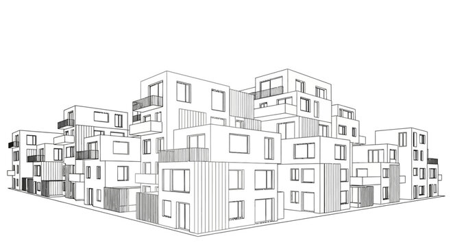 Architectural Line Drawing of a Modern Modular Apartment Complex with Balconies