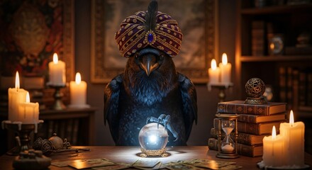Obraz premium Mystical Raven Fortune Teller in Ornate Purple Turban Gazing into a Glowing Crystal Ball Amidst Candles and Ancient Books in a Dimly Lit Esoteric Study