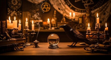 Obraz premium Mystical still life with a black crow glowing crystal ball smoking incense and flickering candles on a wooden table in a dark occult setting.