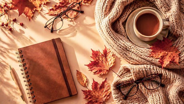 Cozy autumn flat lay with coffee cup, knitted scarf, journal and fall leaves