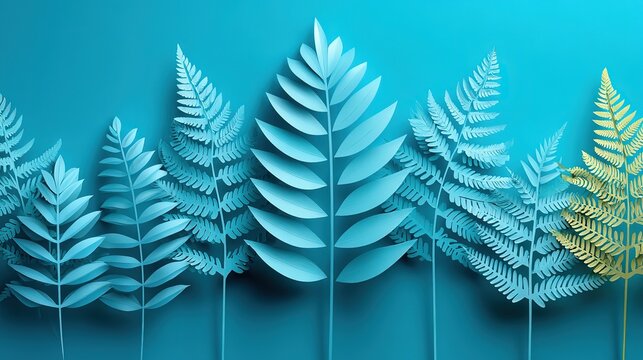 Abstract Tropical Leaves Blue Paper Cut Minimalist Background Flat Colors Copy Space