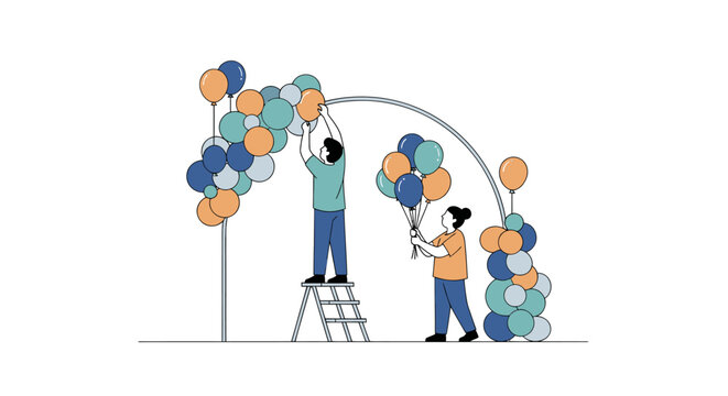 People setting up a balloon arch for an event.