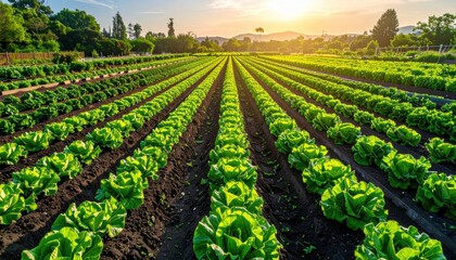 Obraz premium Vast Green Vegetable Farm with Perfect Rows Under Golden Sunlight