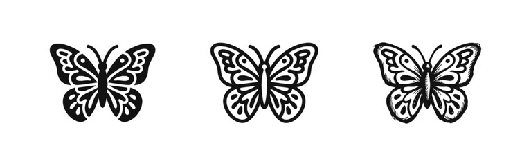 Butterfly Insect Icon Set - Nature Beauty Symbols in Solid Outline and Hand Drawn Styles © drawing lines