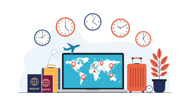 Global travel planning and booking concept with laptop displaying world map, suitcases, passports, and multiple clocks showing different times.