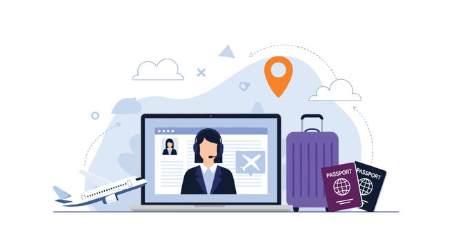 Online travel support and booking service concept with female operator on laptop screen, airplane, passports, and luggage for vacation planning.
