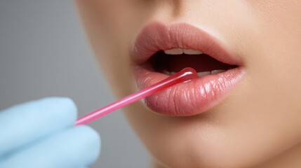 Naklejka premium Close Up Gloved Hand Holding Pink Swab Inside Mouth for Medical Genetic Testing Sample Collection Hygiene Precision