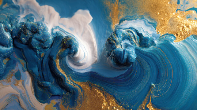 Blue gold swirl abstract macro of liquid with shimmer