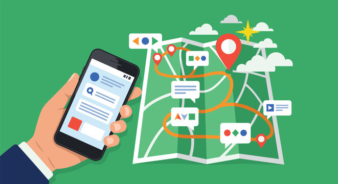 Mobile navigation and travel route planning concept with smartphone in hand and folded map with location pins and directions for adventure.